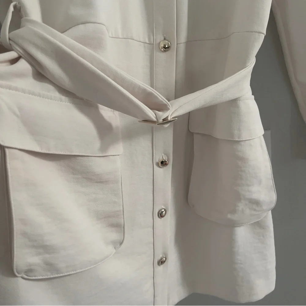 ZARA Women’s XL Gold Button Utility Belted Shirt Dress Ivory Cream Butter White - Picture 7 of 13